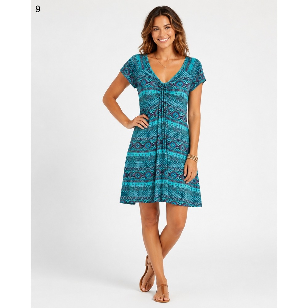 Fresh Produce Dress Womens Large Teal Geometric Tribal Print V-Neck Short Sleeve